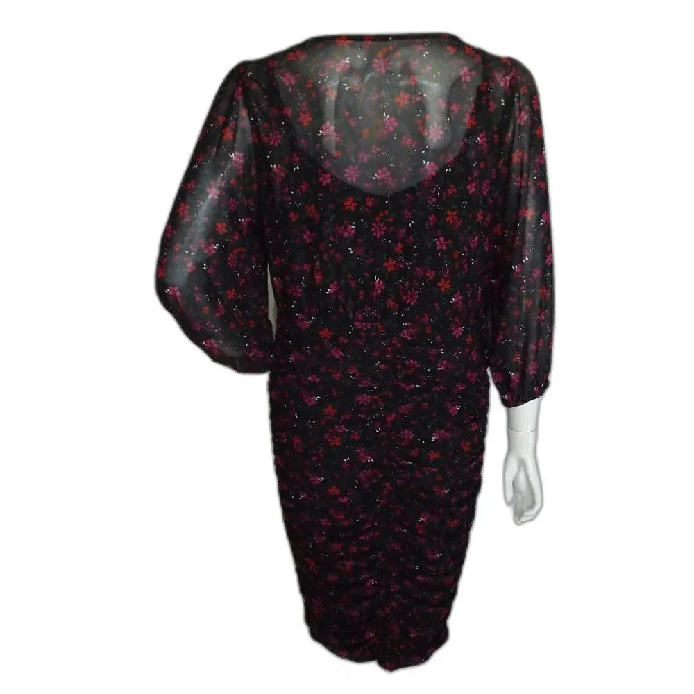 new TORRID Dress, 0/L, Black, Red/Purple Floral, Ruched Skirt, Scoop neck, Meshy - Picture 7 of 16